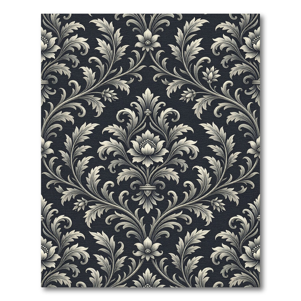 Elegant Charcoal Silver Damask Scroll Rug