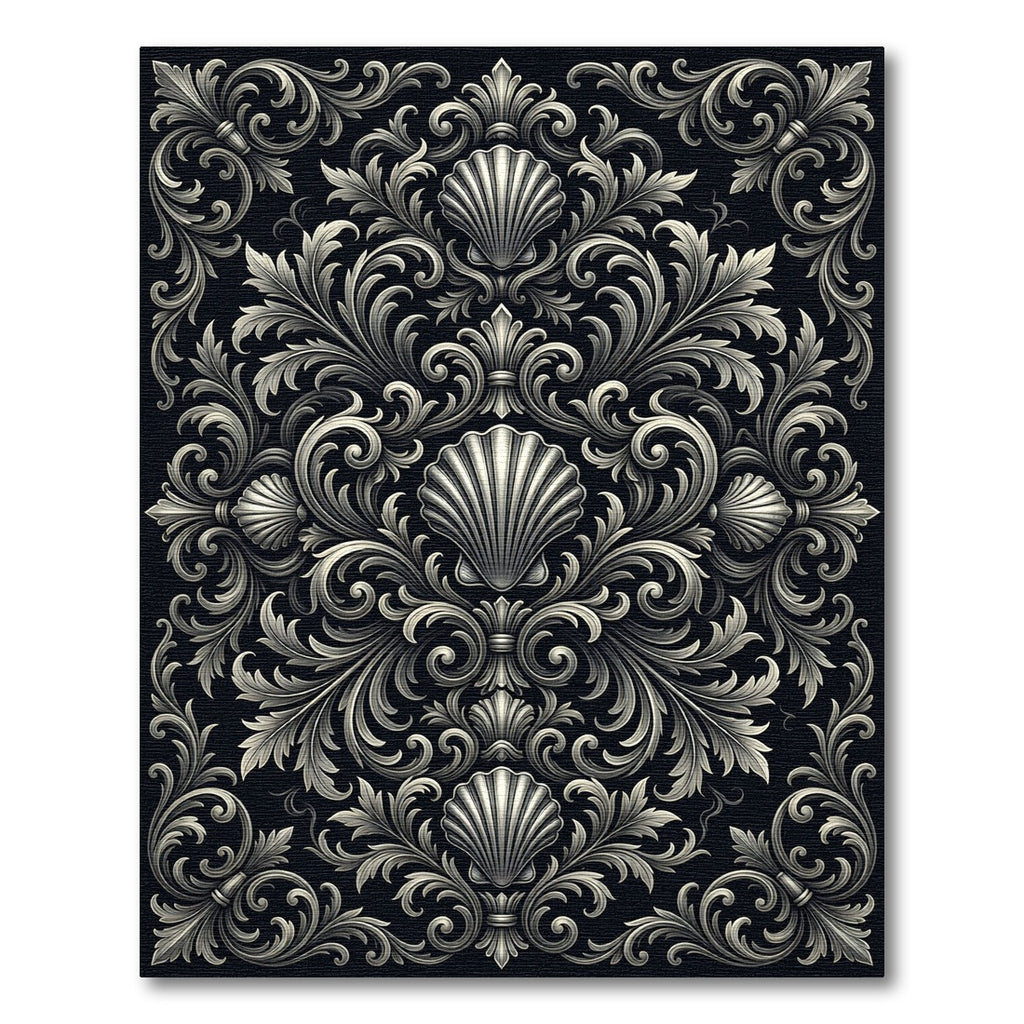 Ornate Black White Scallop Flourish Rug