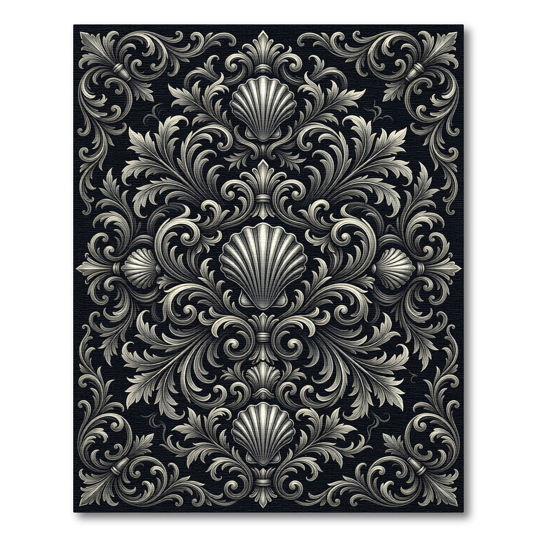 Ornate Black White Scallop Flourish Rug