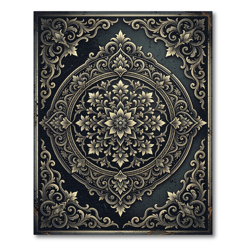 Ornate Gold Floral Black Medallion Rug