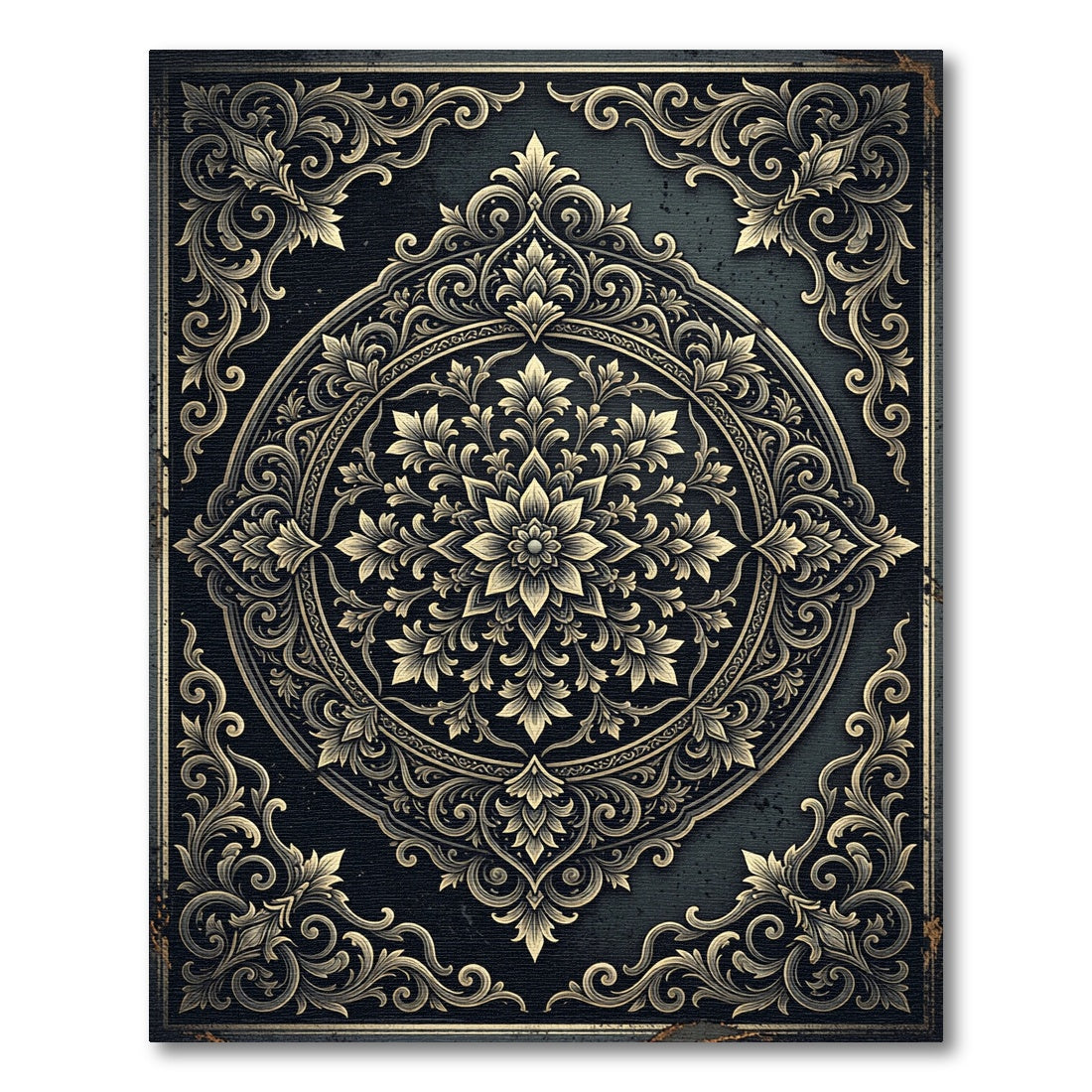 Ornate Gold Floral Black Medallion Rug