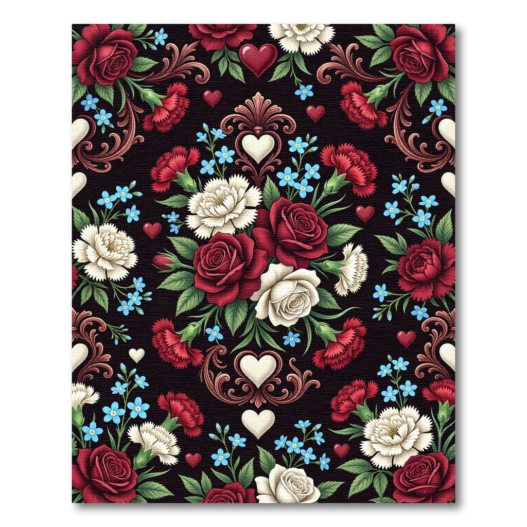 Romantic Crimson Rose Heart Floral Medallion Rug