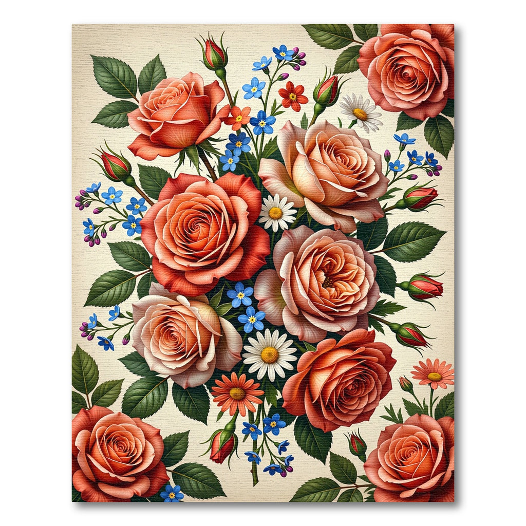 Elegant Coral Rose Bouquet Floral Art Rug