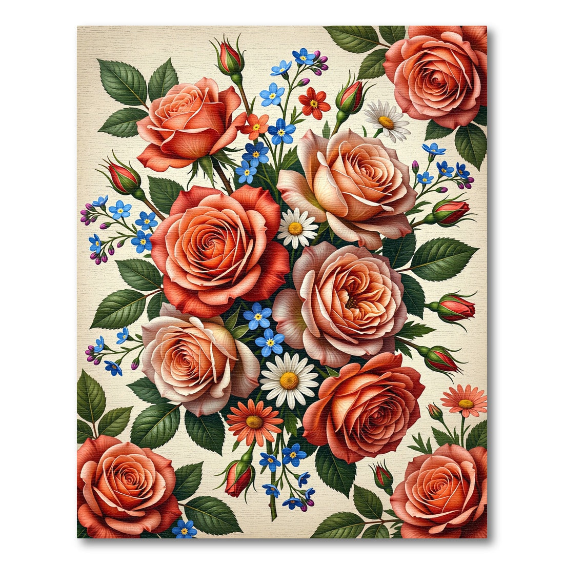 Elegant Coral Rose Bouquet Floral Art Rug