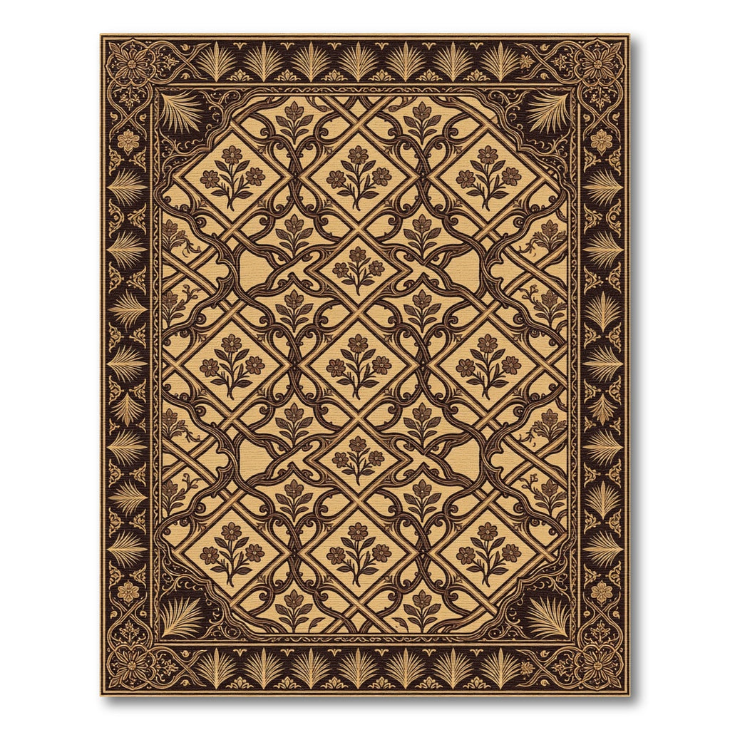 Brown Golden Floral Lattice Rug