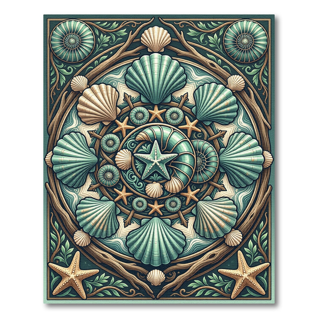 Coastal Teal Shell And Starfish Mandala Rug
