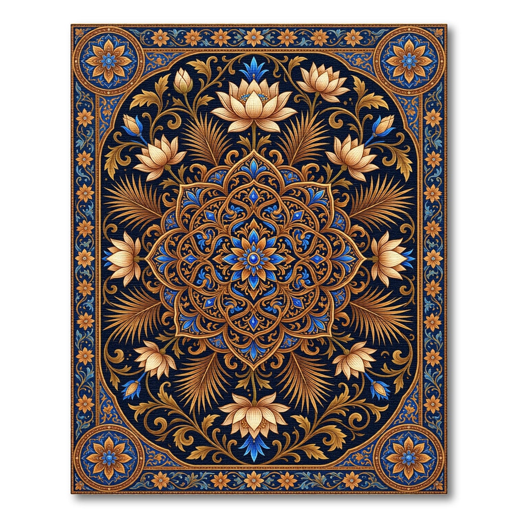 Ornate Blue and Gold Lotus Medallion Rug
