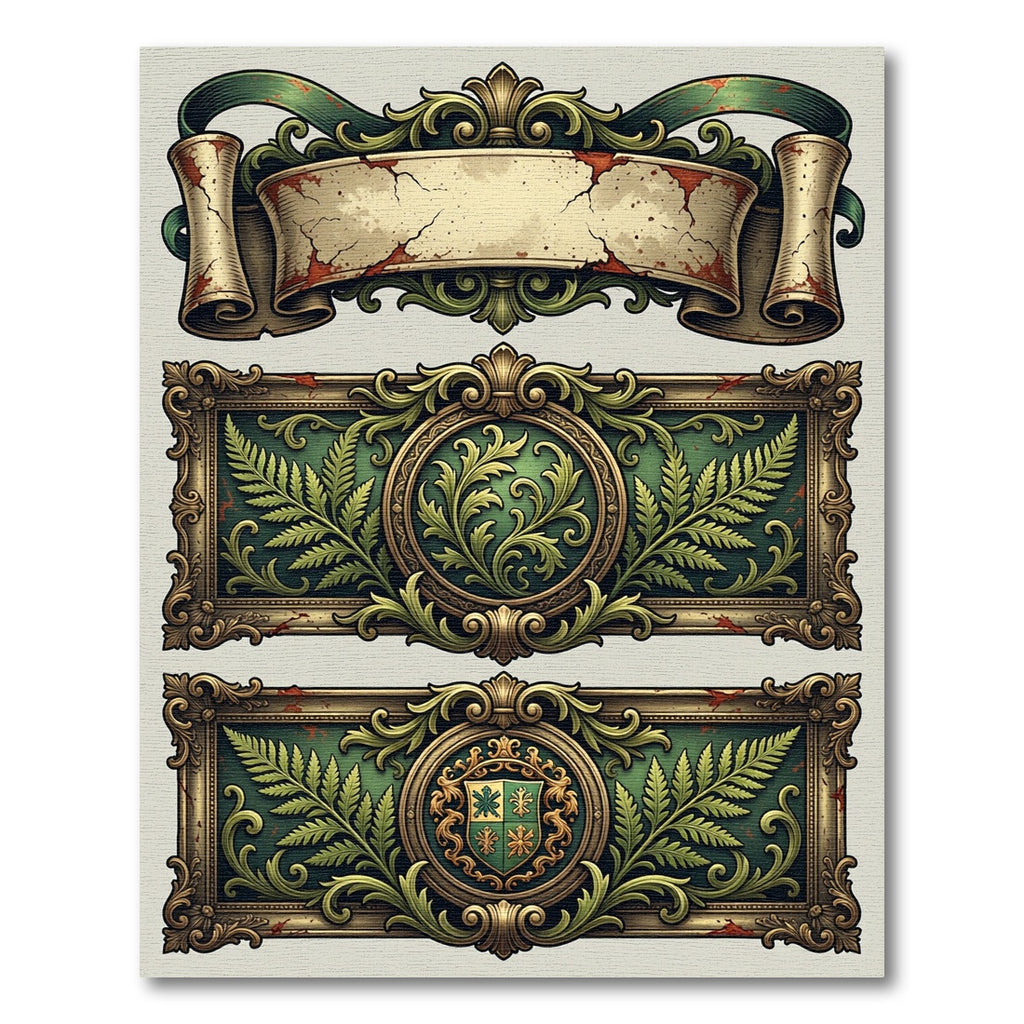 Ornate Green Gold Fern Crest Border Rug