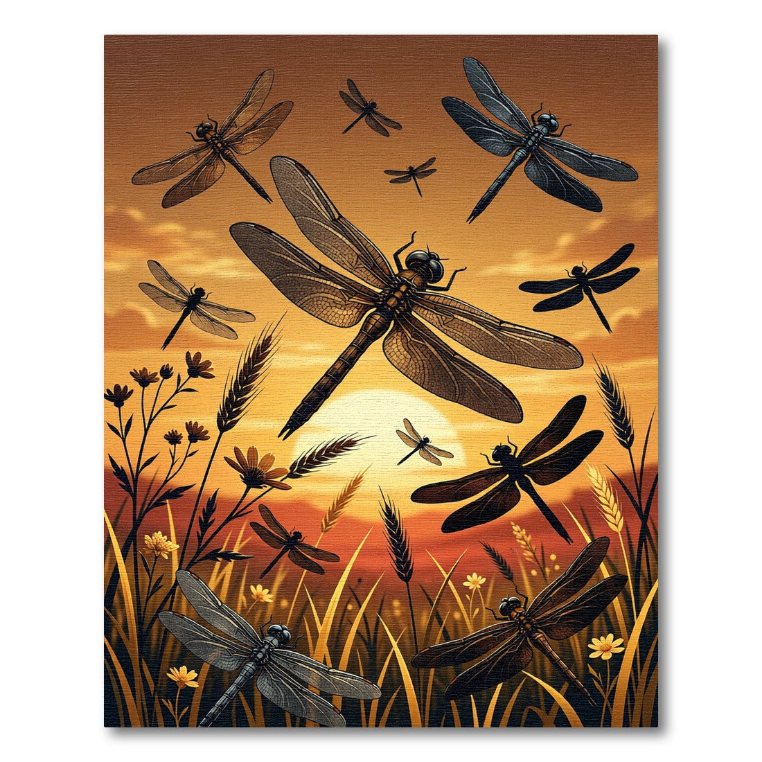 Golden Sunset Dragonfly Meadow Landscape Rug