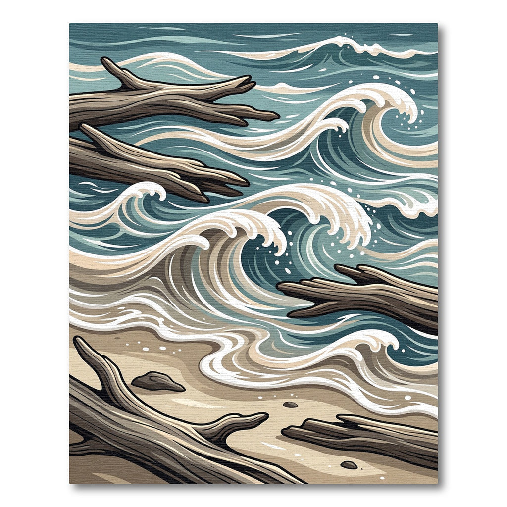 Coastal Driftwood Wave Beach Scene Rug