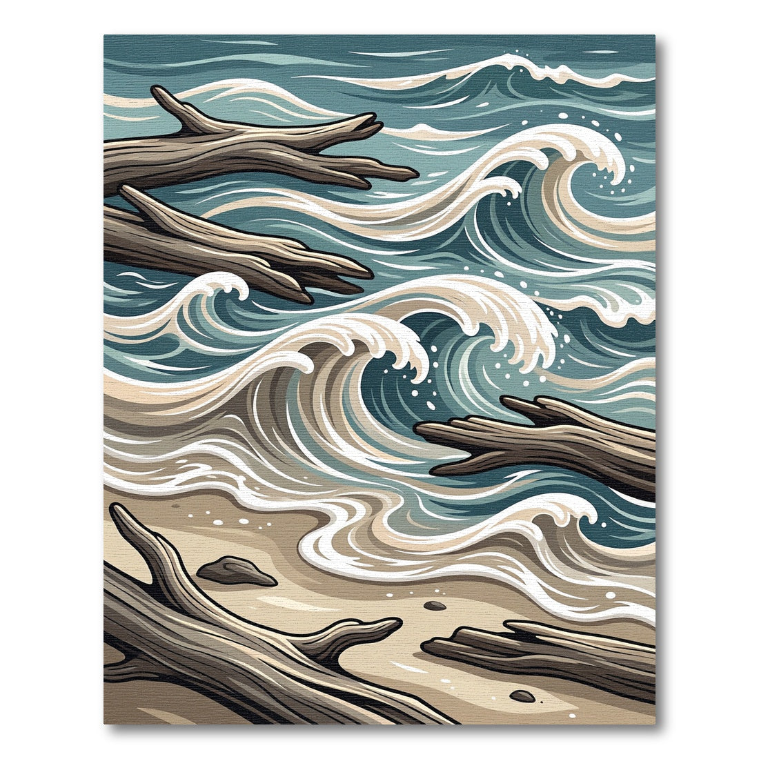 Coastal Driftwood Wave Beach Scene Rug