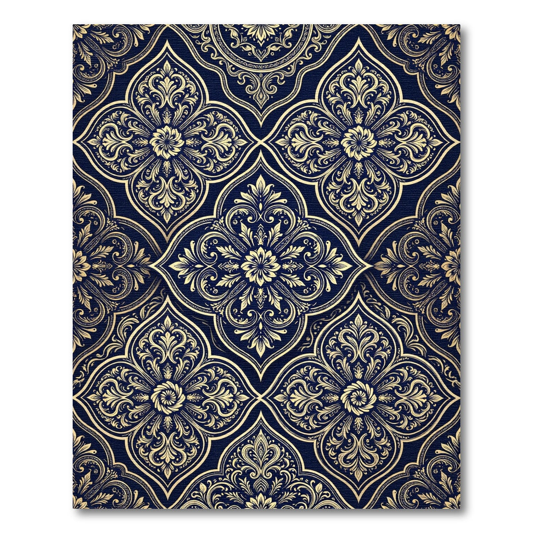 Ornate Navy Gold Damask Scroll Rug