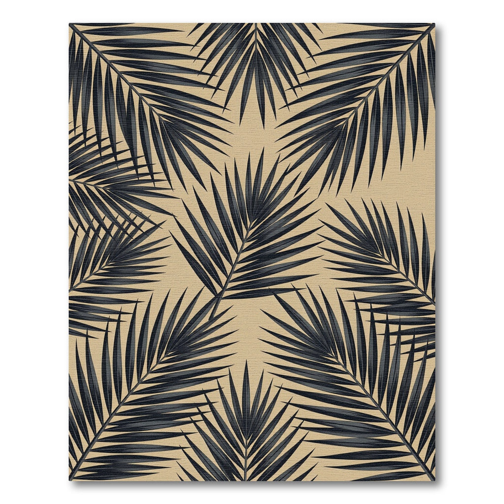 Dark Charcoal Palm Leaves on Beige Rug