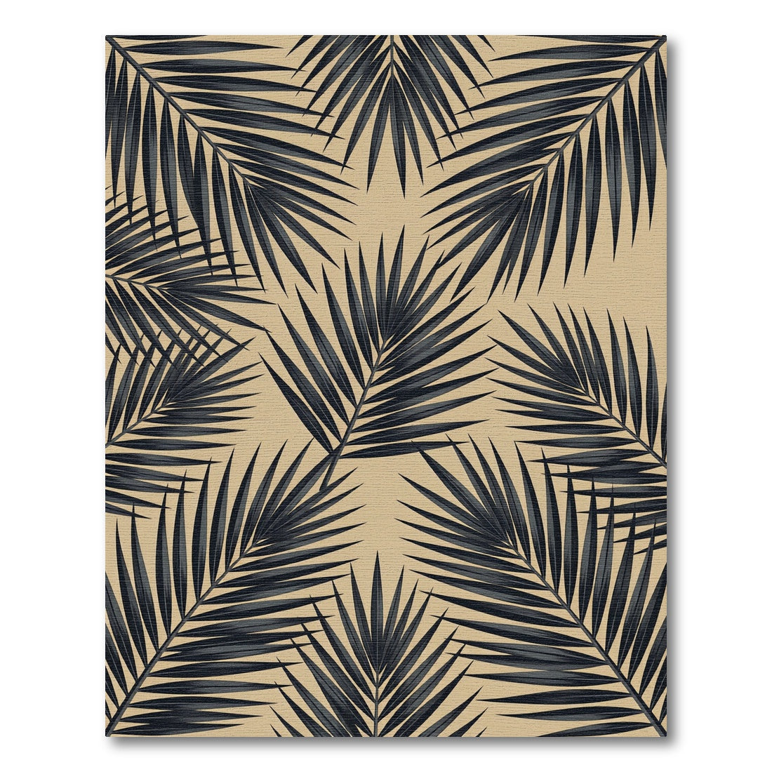 Dark Charcoal Palm Leaves on Beige Rug