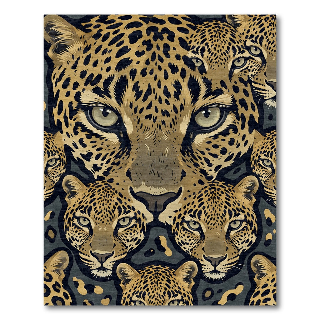Detailed Golden Leopard Faces Abstract Rug
