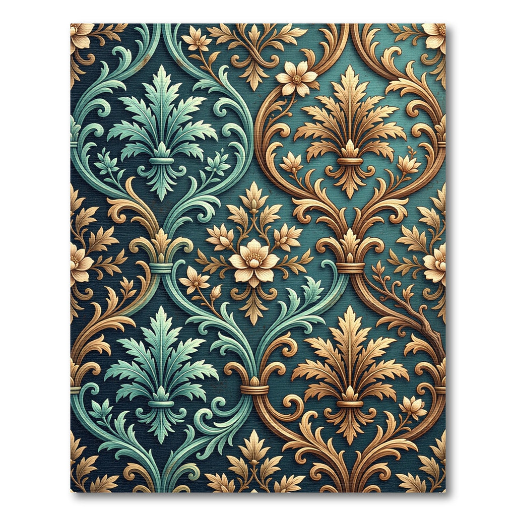 Ornate Teal and Gold Damask Swirl Rug