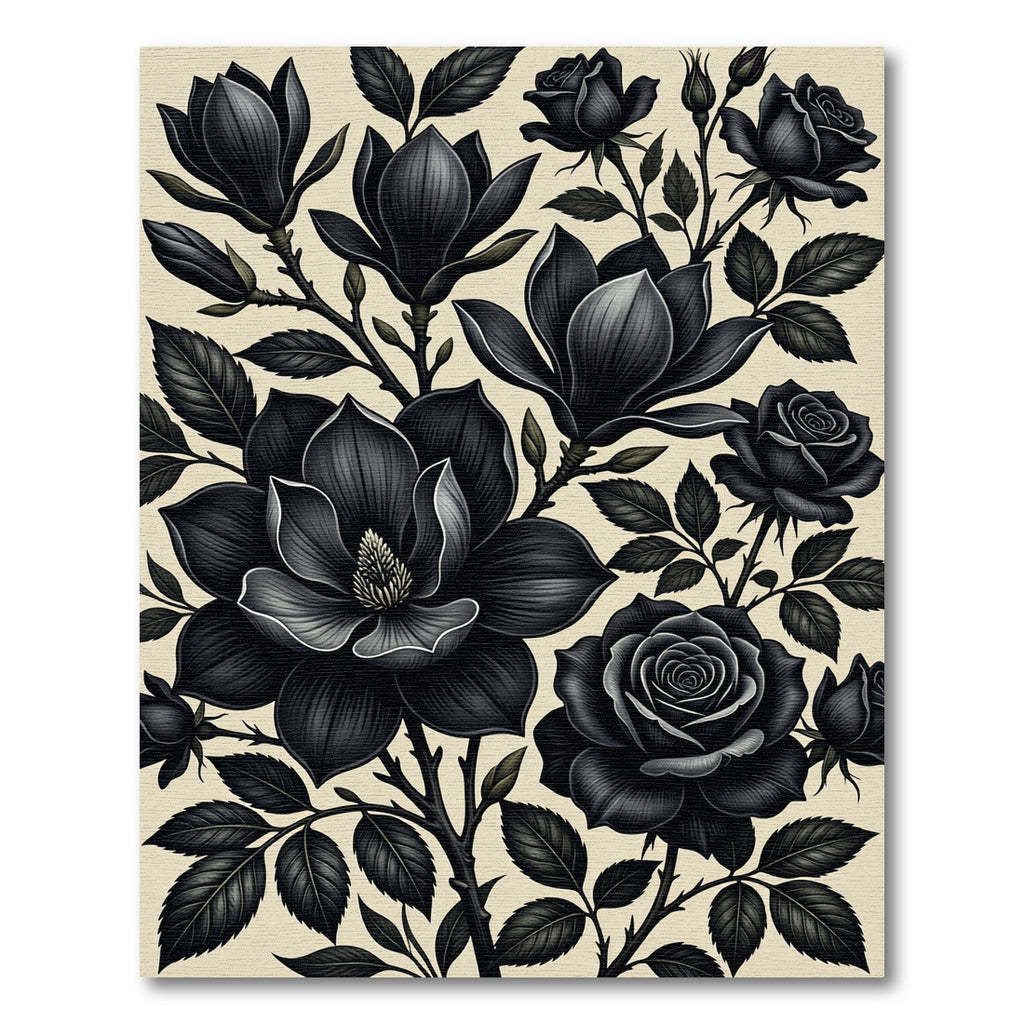 Dramatic Black Rose Magnolia Blossom Rug
