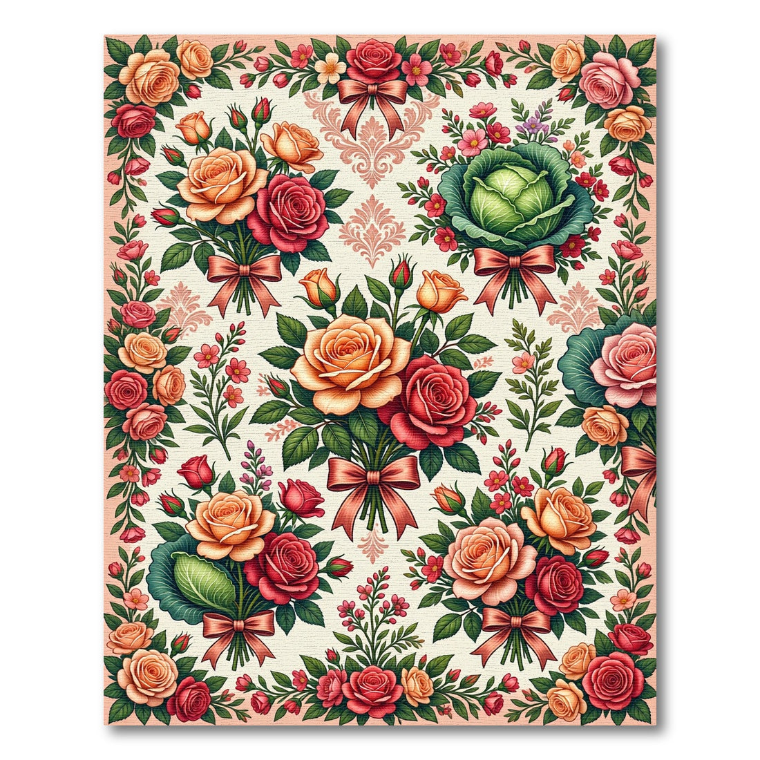Peach and Crimson Rose Bouquet Tapestry Rug