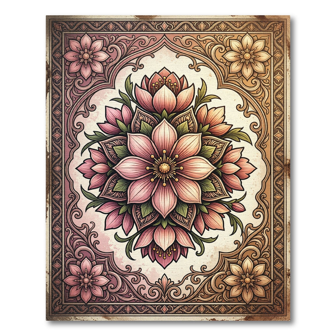 Pink Floral Arrangement Vintage Frame Rug