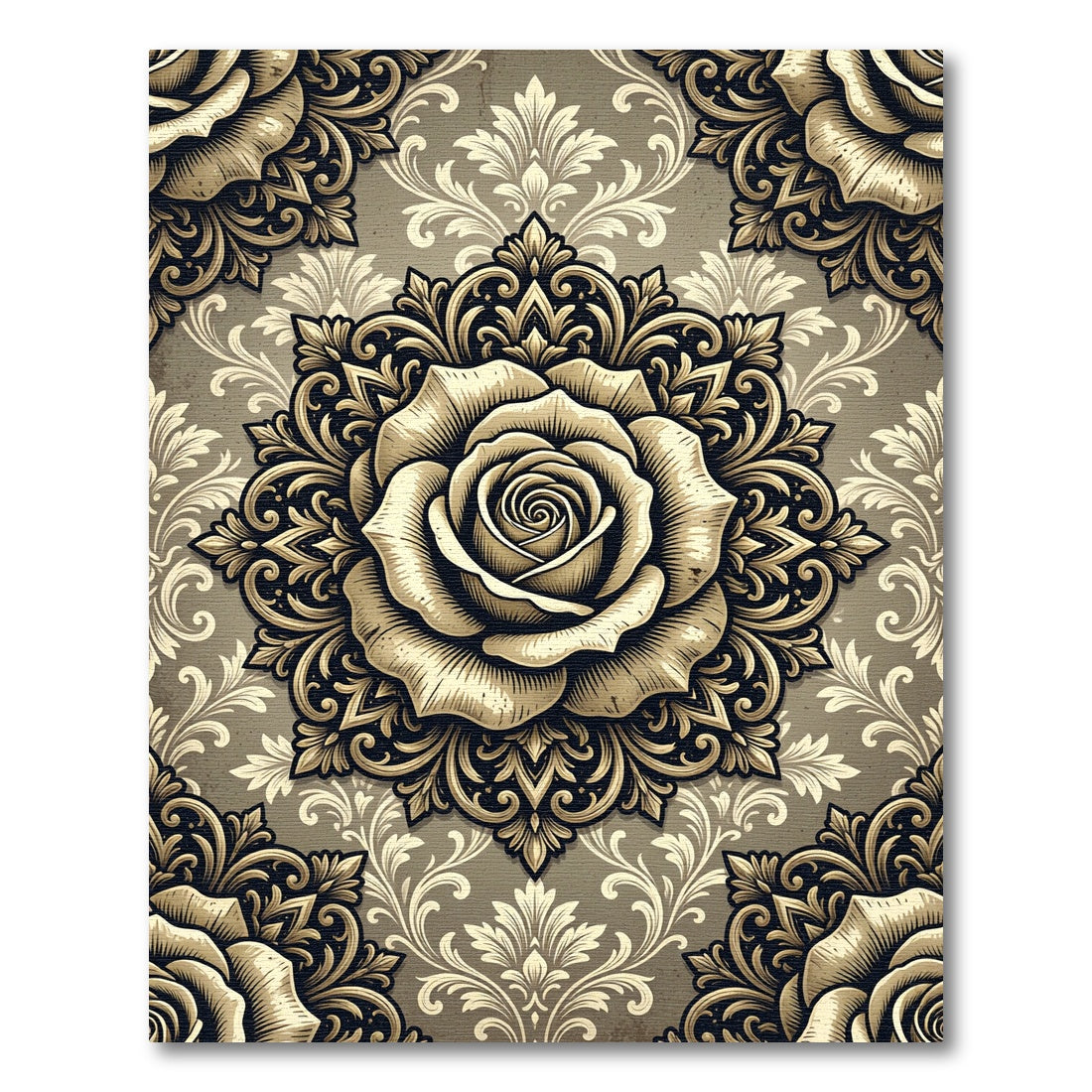 Elegant Golden Rose Damask Medallion Rug