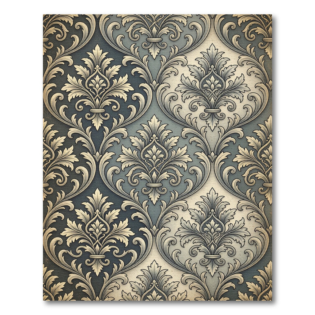 Intricate Damask Blue Gold Leaf Rug