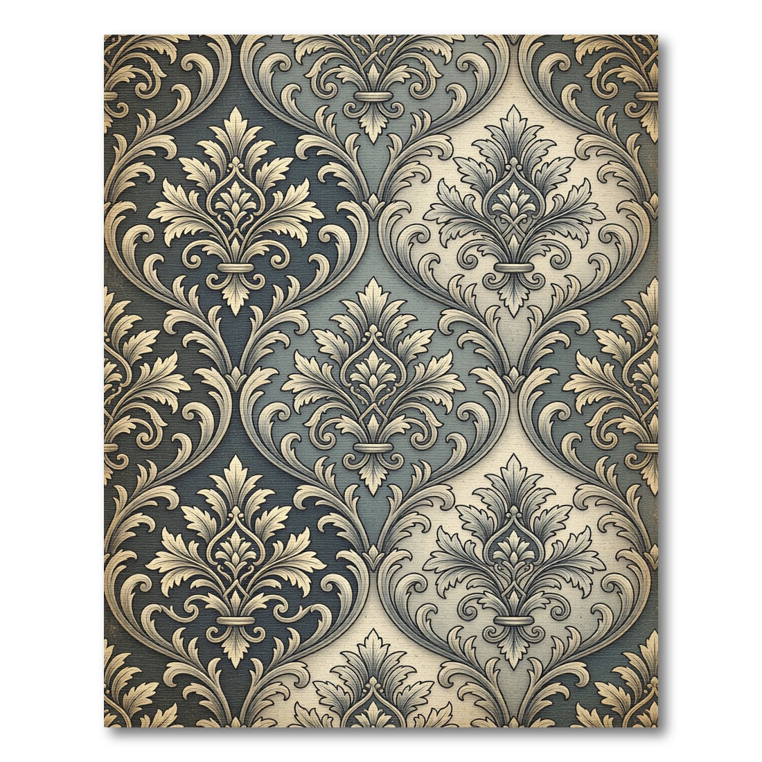 Intricate Damask Blue Gold Leaf Rug