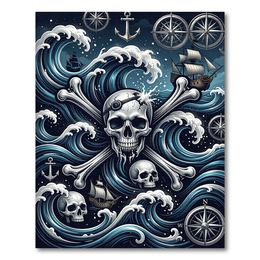 Nautical Pirate Skull Blue Ocean Art Rug