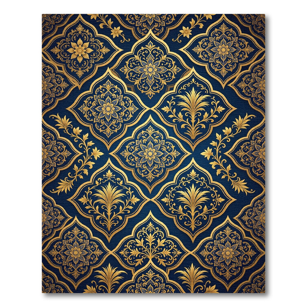 Golden Floral Damask Navy Medallion Rug