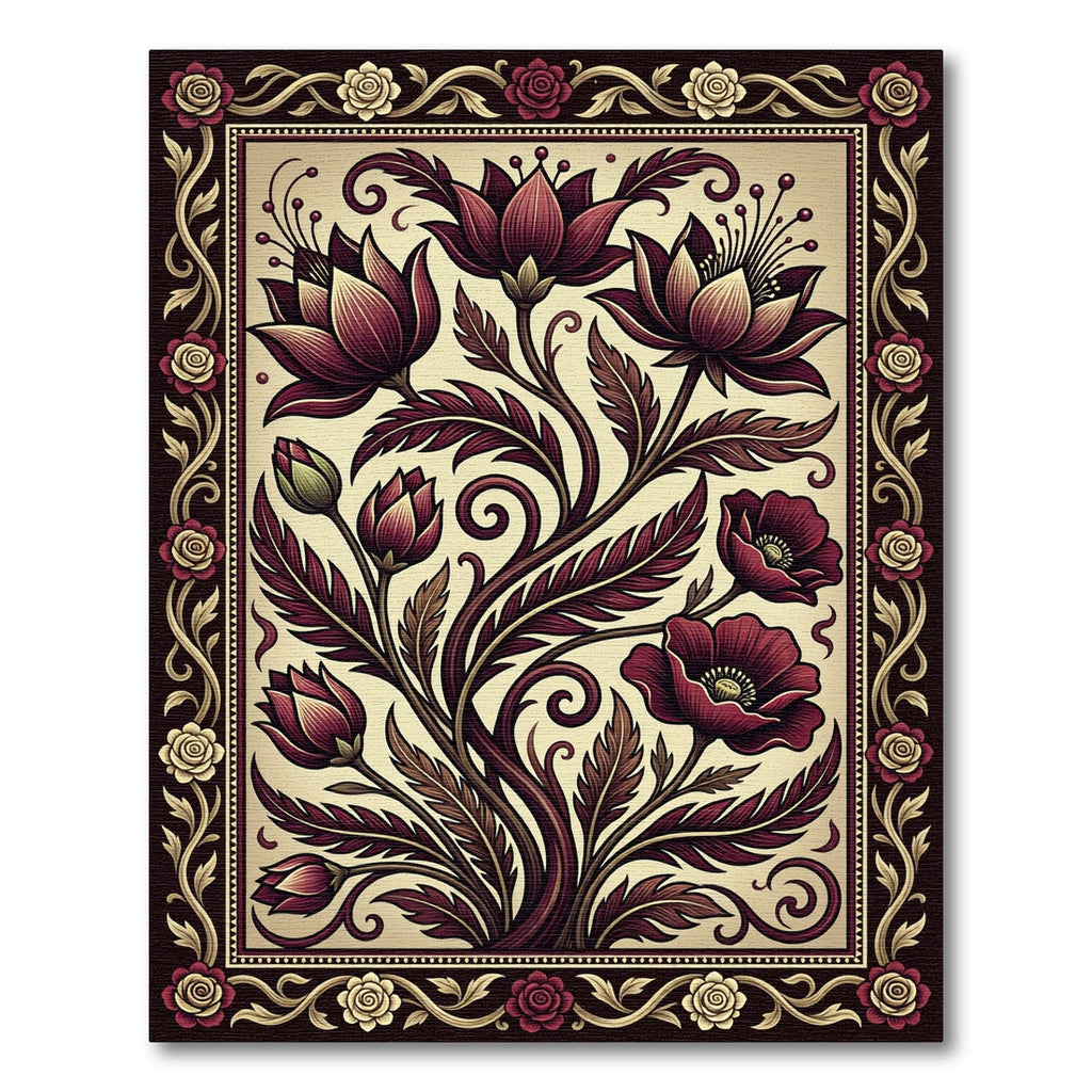 Deep Red Floral Illustration Border Rug