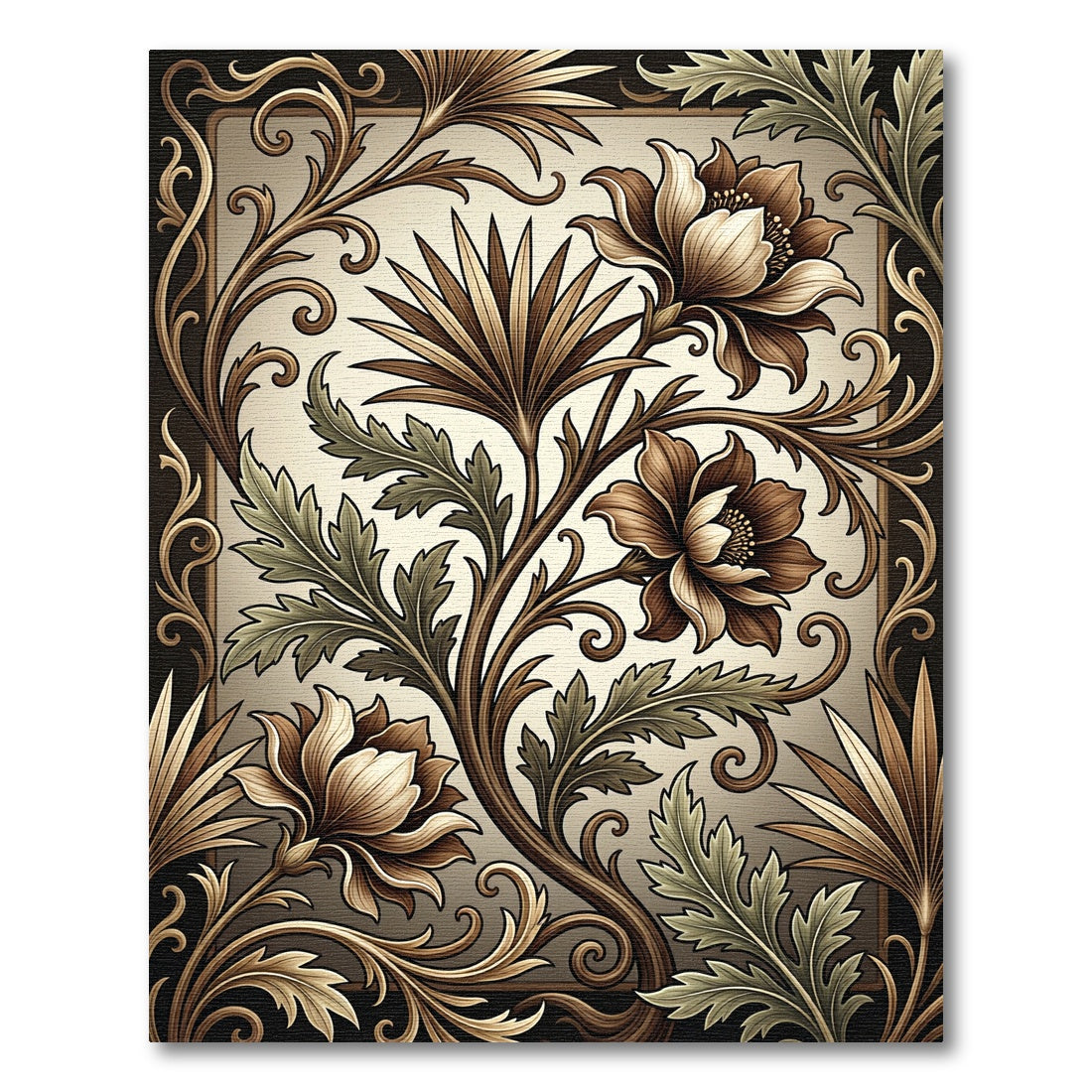 Antique Sepia Floral Scroll Vine Rug