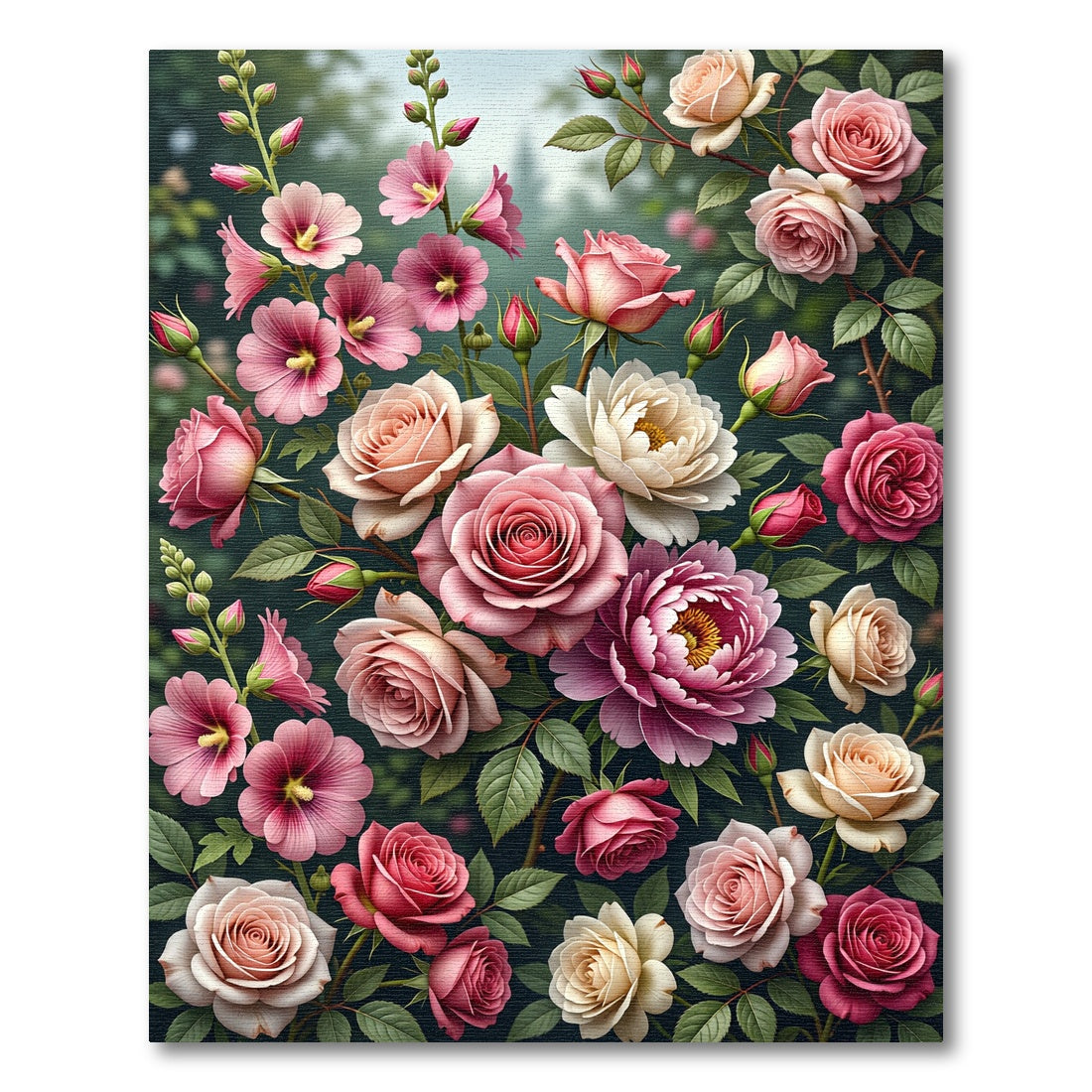 Pink Rose and Hollyhock Garden Rug