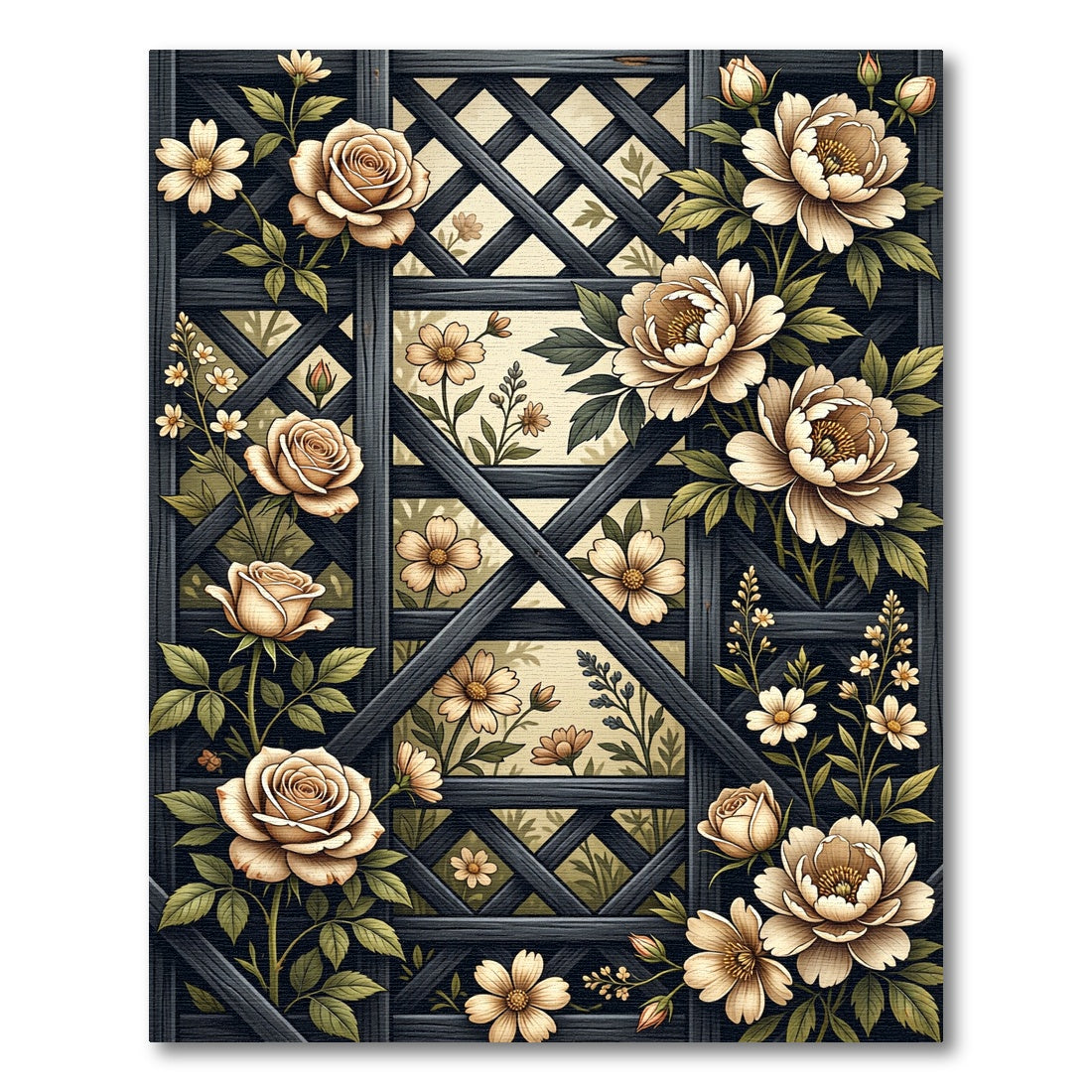 Cream Peony Rose Trellis Lattice Rug