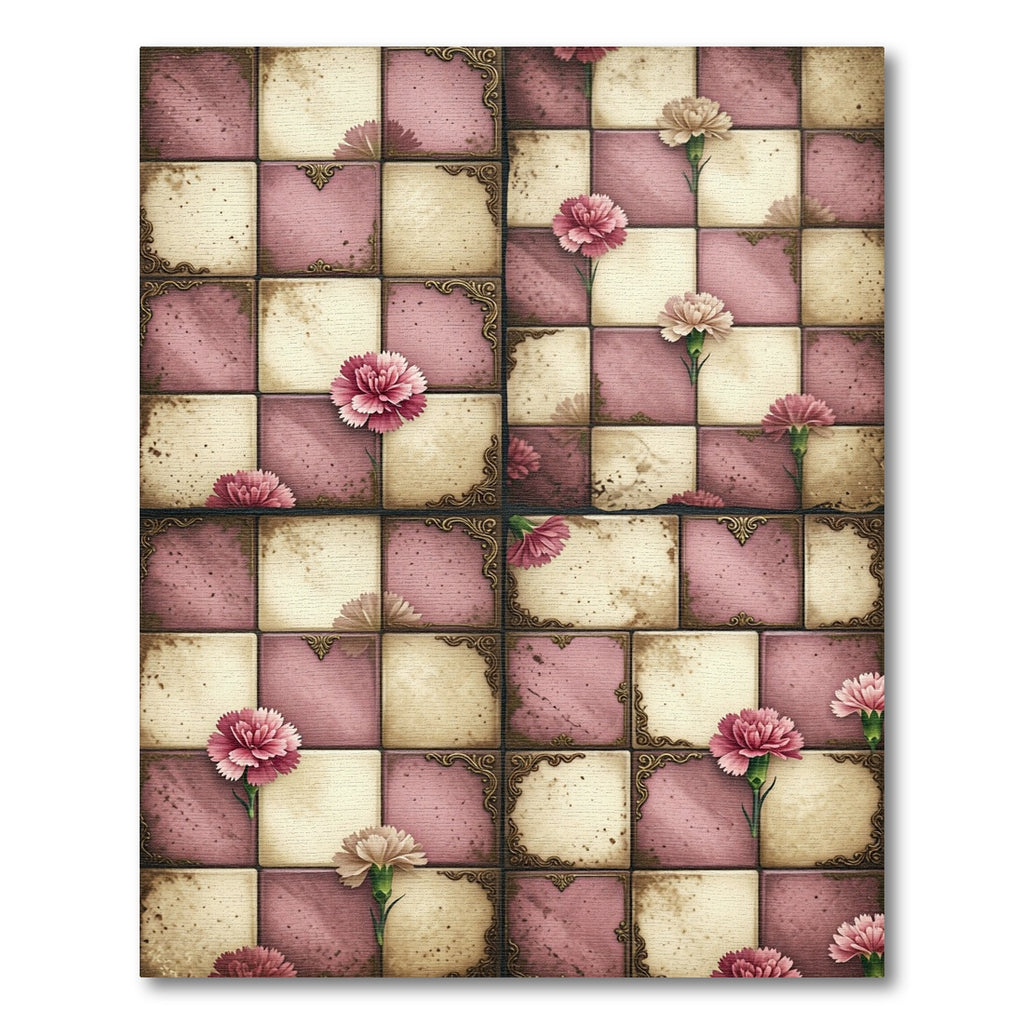 Vintage Pink Floral Checkerboard Rug