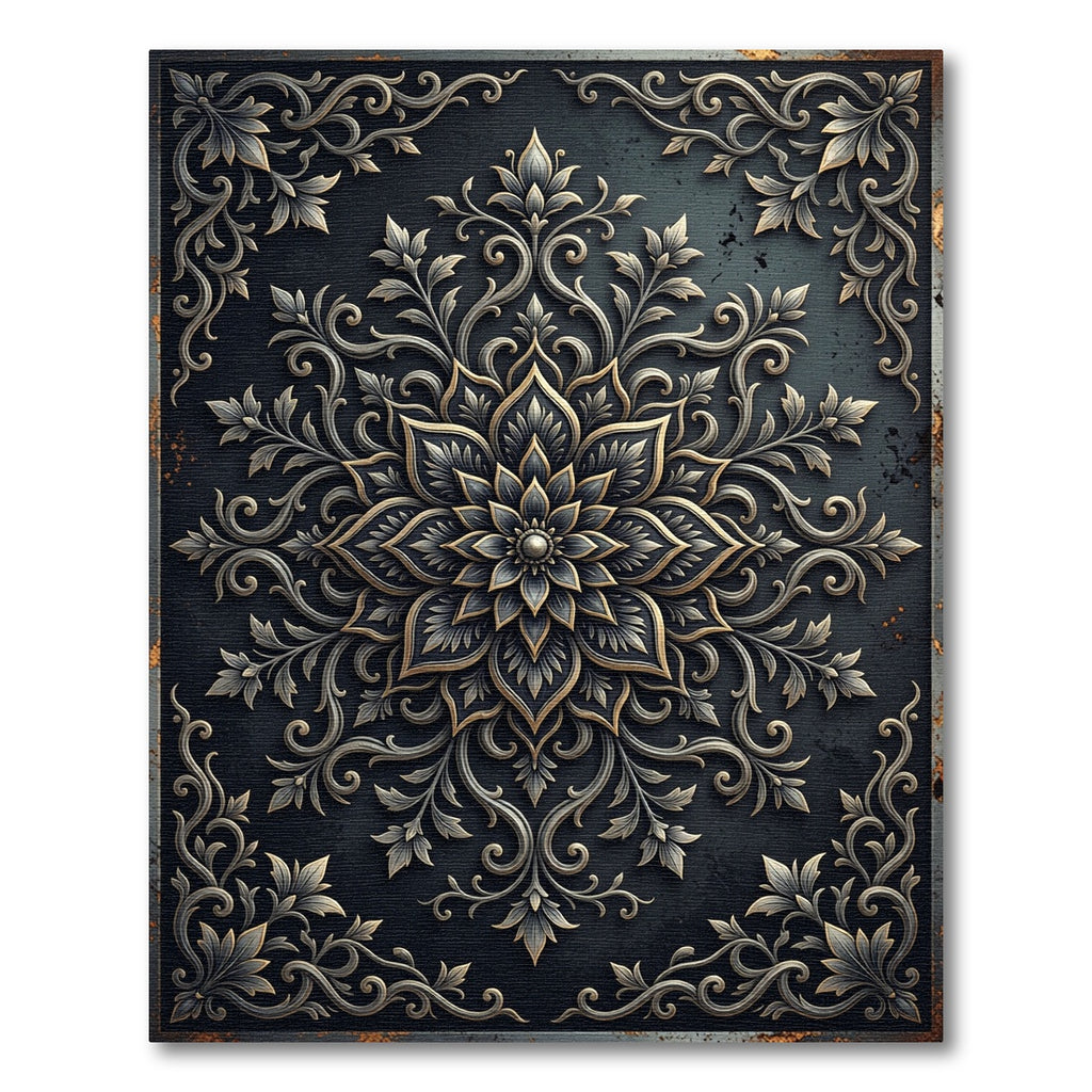 Ornate Black and Gold Medallion Rug