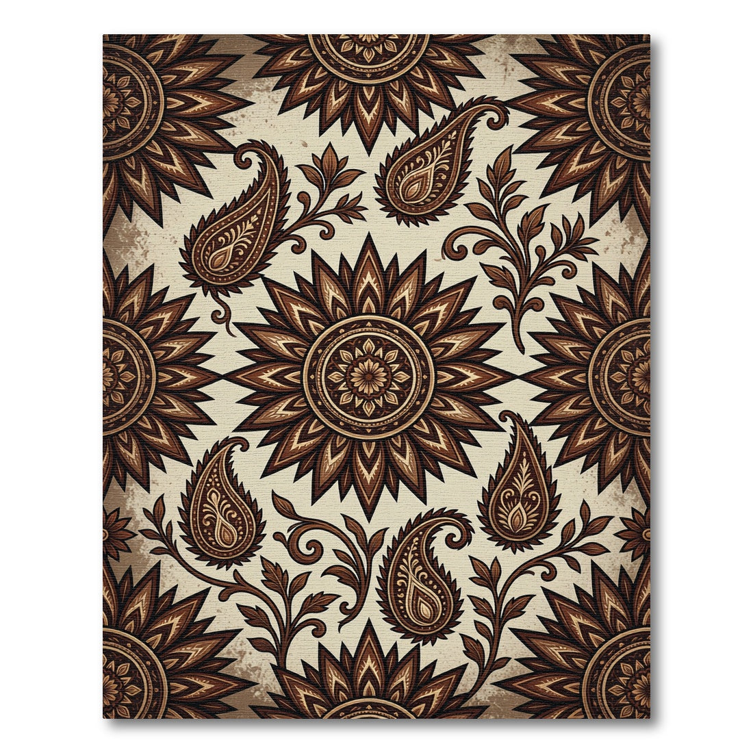 Sepia Floral Mandala and Paisley Art Rug