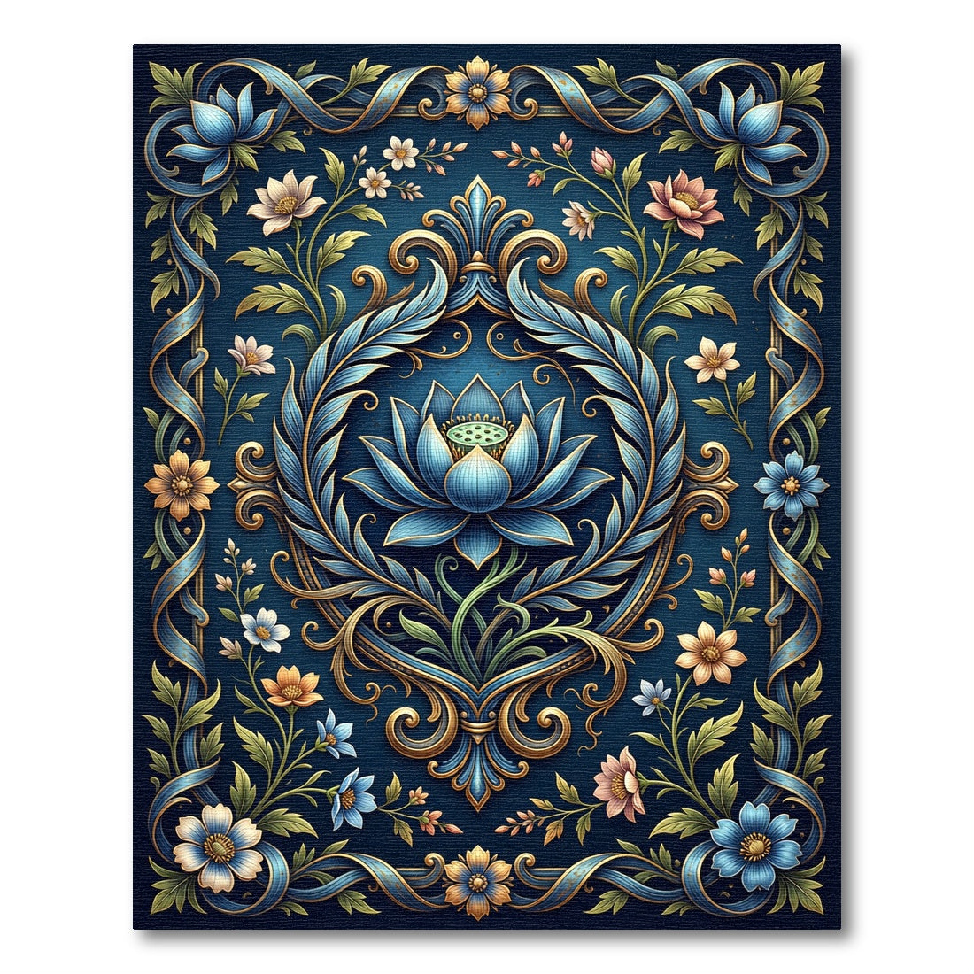 Elegant Ornate Blue Lotus Floral Medallion Rug