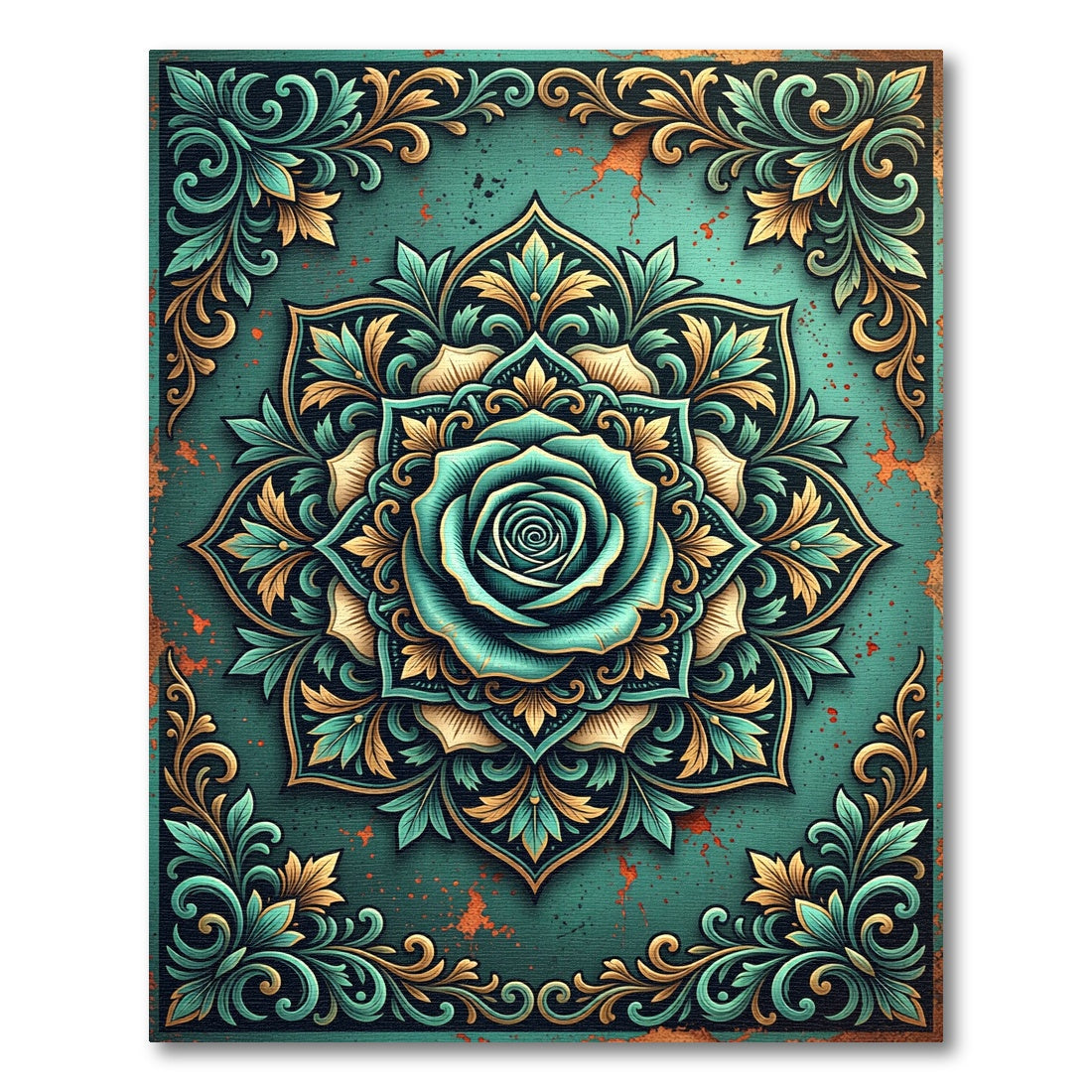 Teal Rose Ornate Floral Medallion Rug