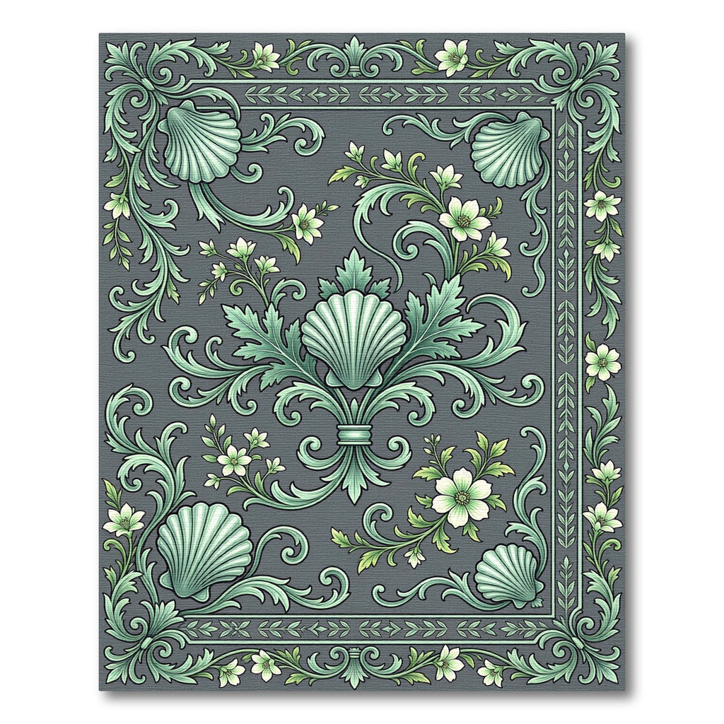 Green Seashell Floral Scrollwork Adornment Rug