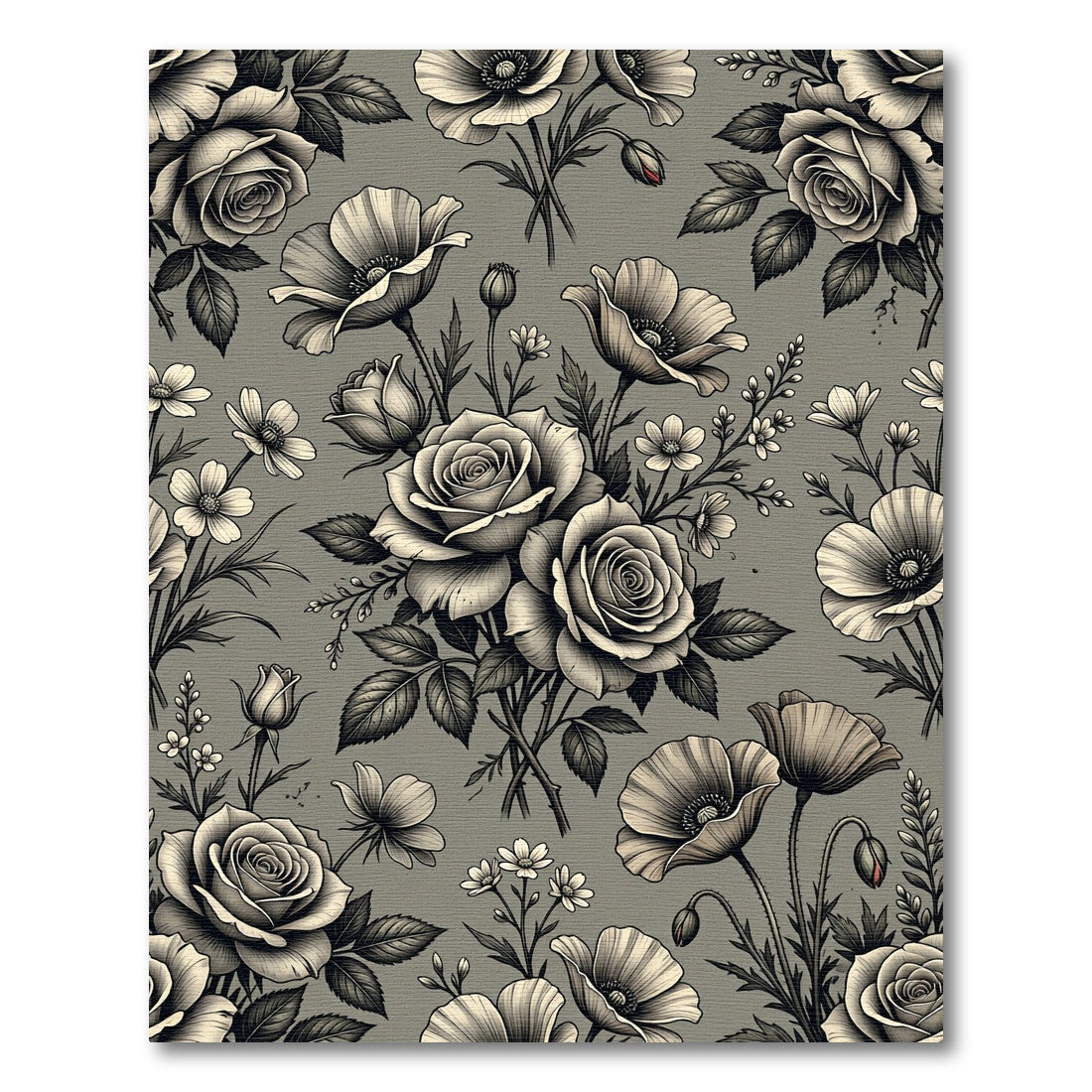 Monochromatic Floral Rose Poppy Arrangement Rug