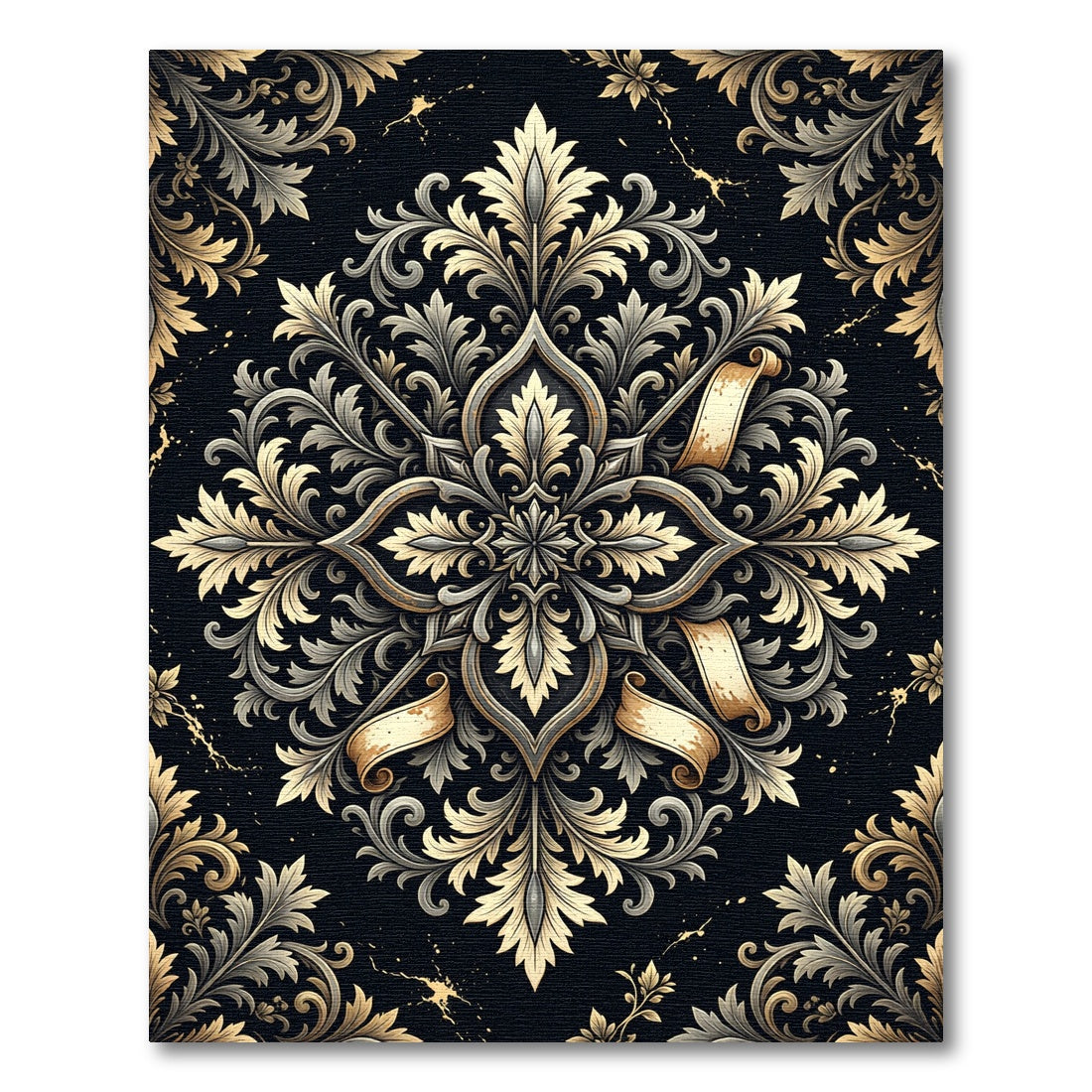 Ornate Gold and Silver Damask Medallion Rug