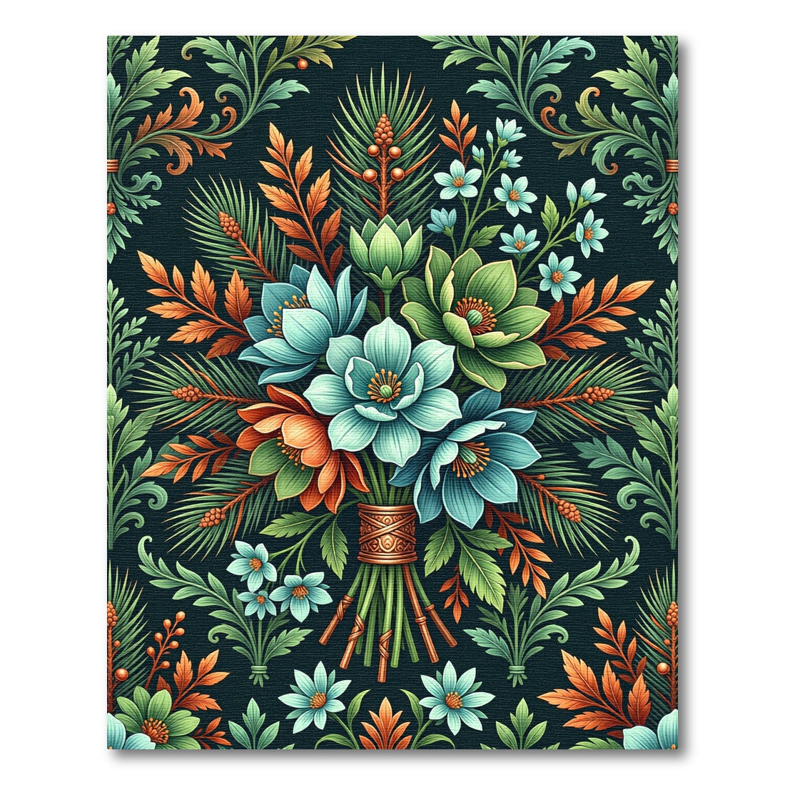 Botanical Teal Orange Pine Bouquet Rug