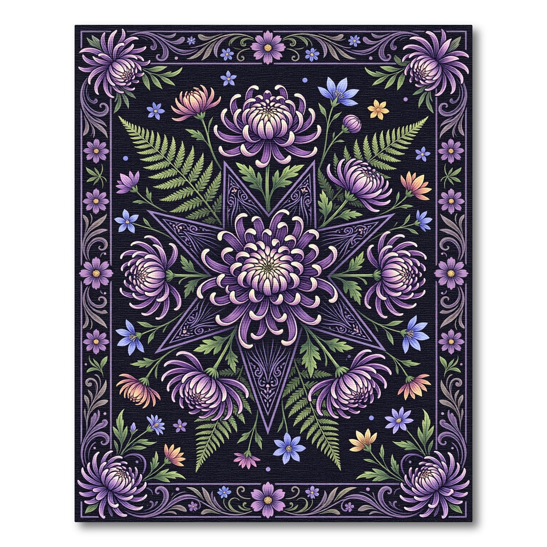 Ethereal Purple Chrysanthemum Star Floral Rug