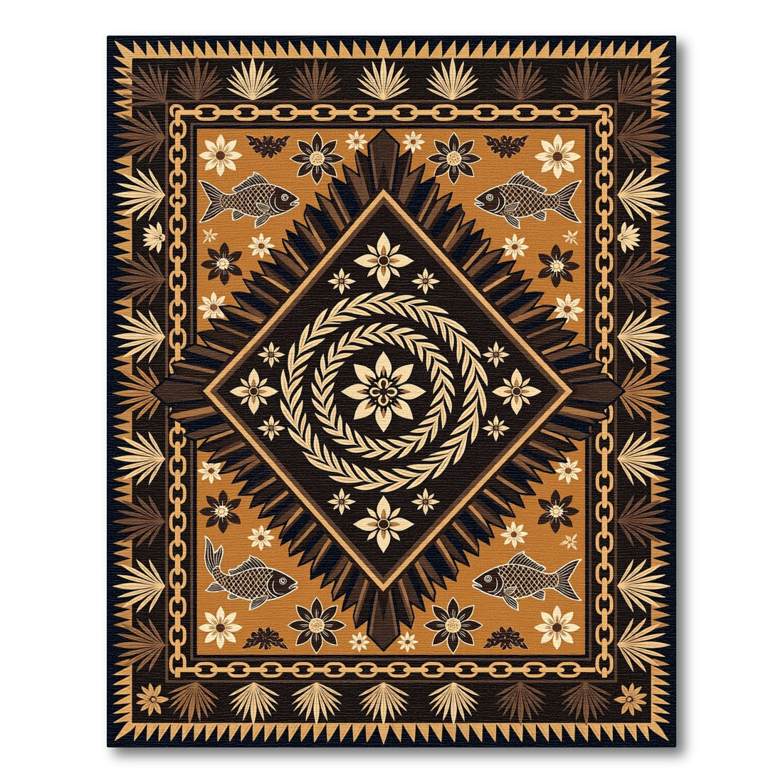 Geometric Earth Brown Fish Medallion Rug