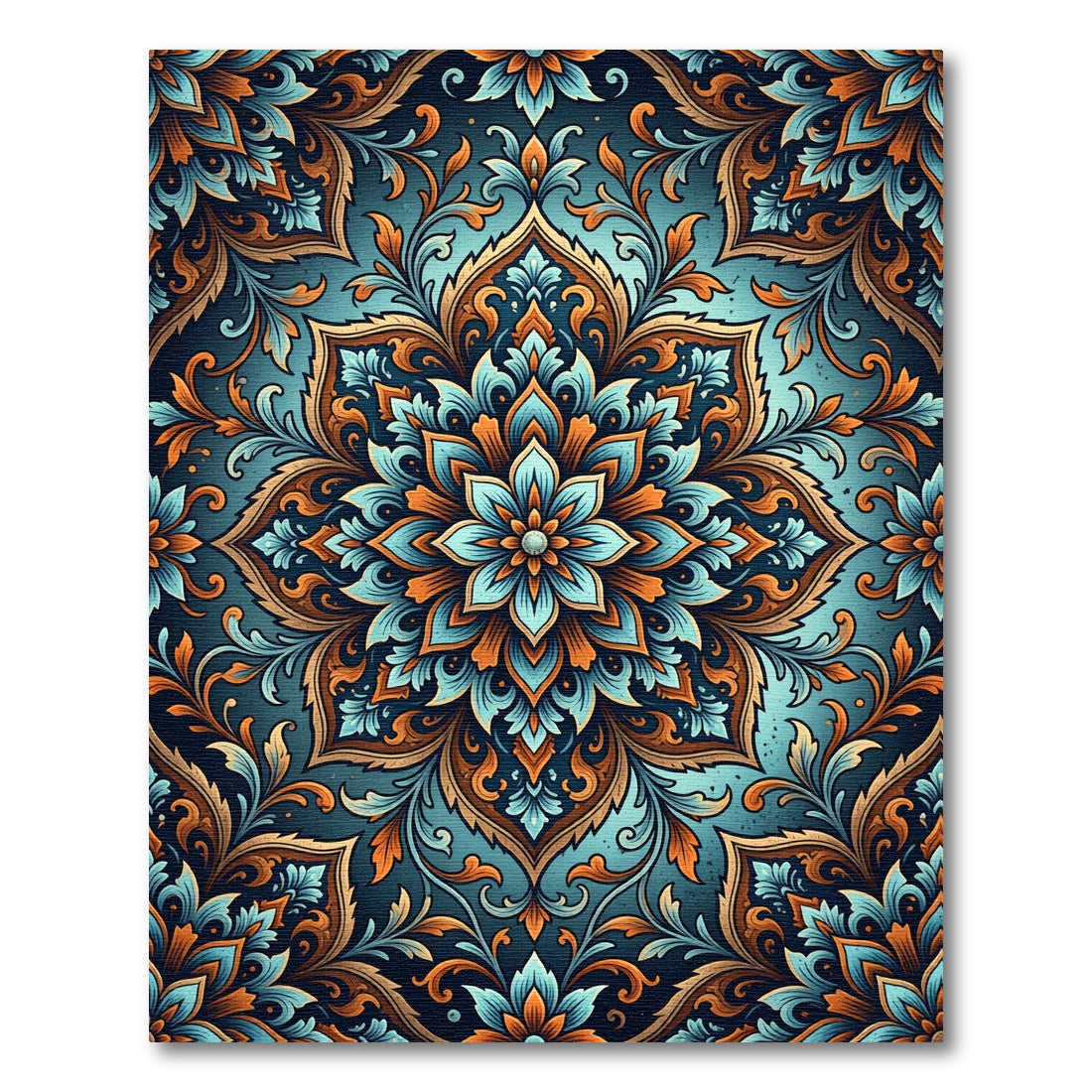 Teal and Amber Ornate Floral Medallion Rug