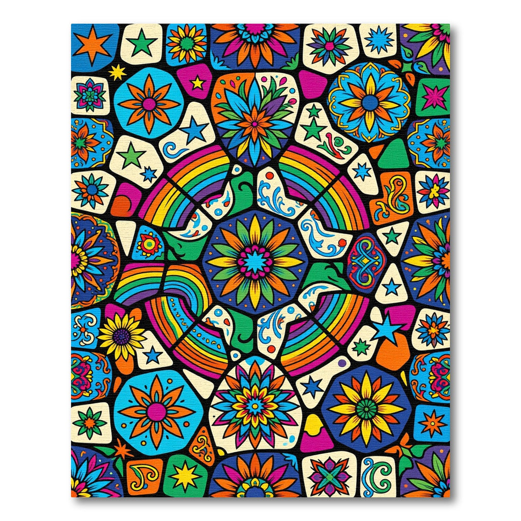 Vibrant Rainbow Star Flower Mosaic Rug