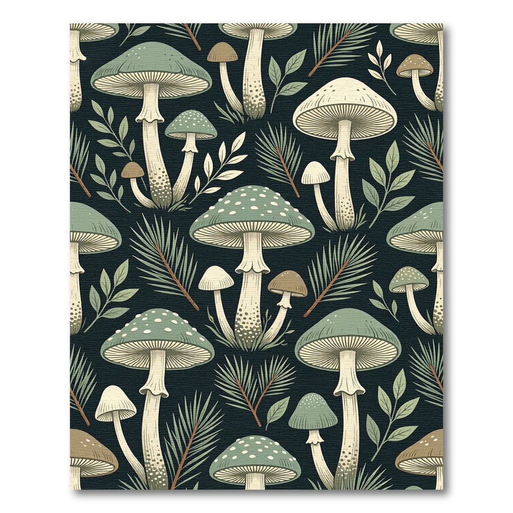 Sage Forest Mushroom Botanical Dark Background Rug