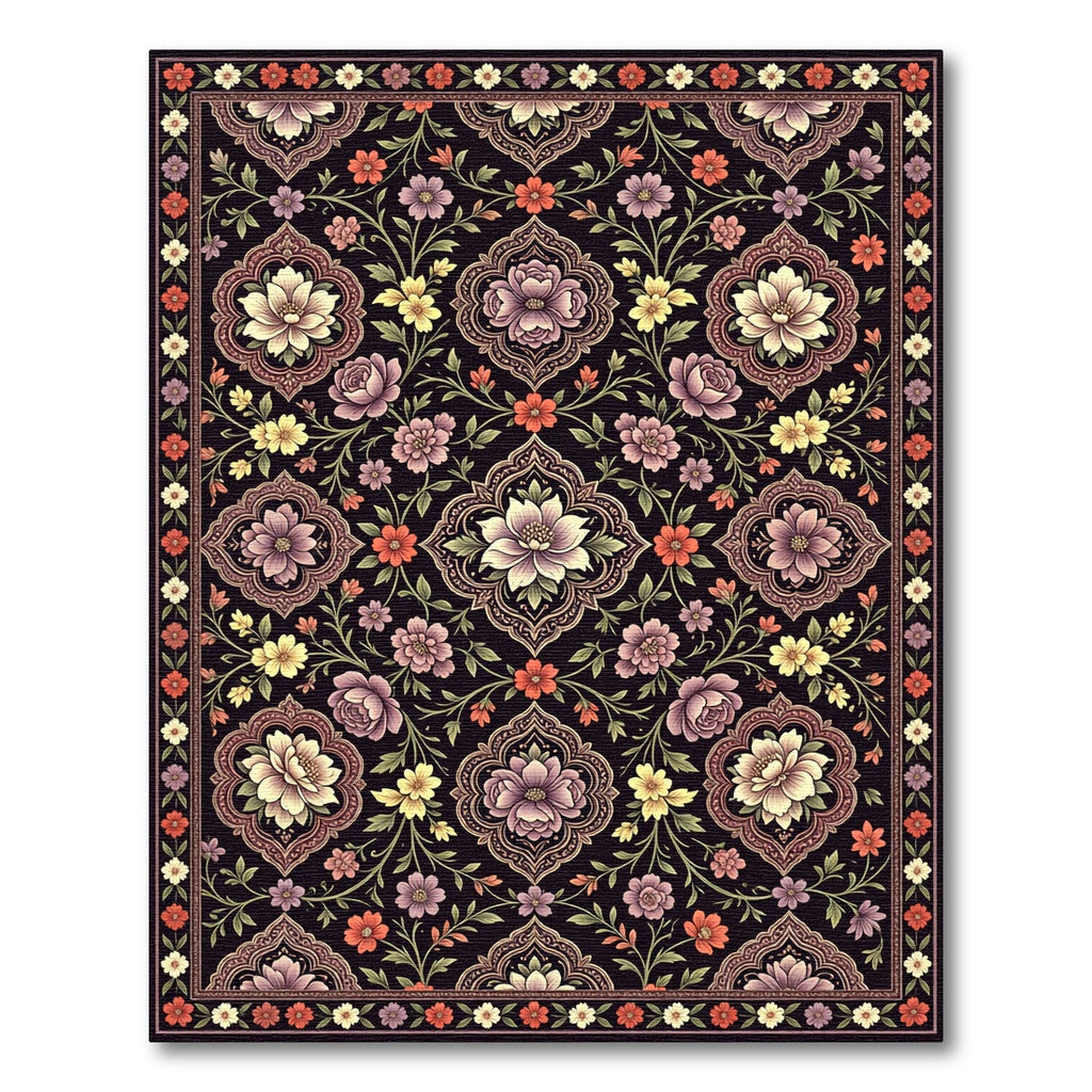 Ornate Floral Medallion Violet Yellow Rug
