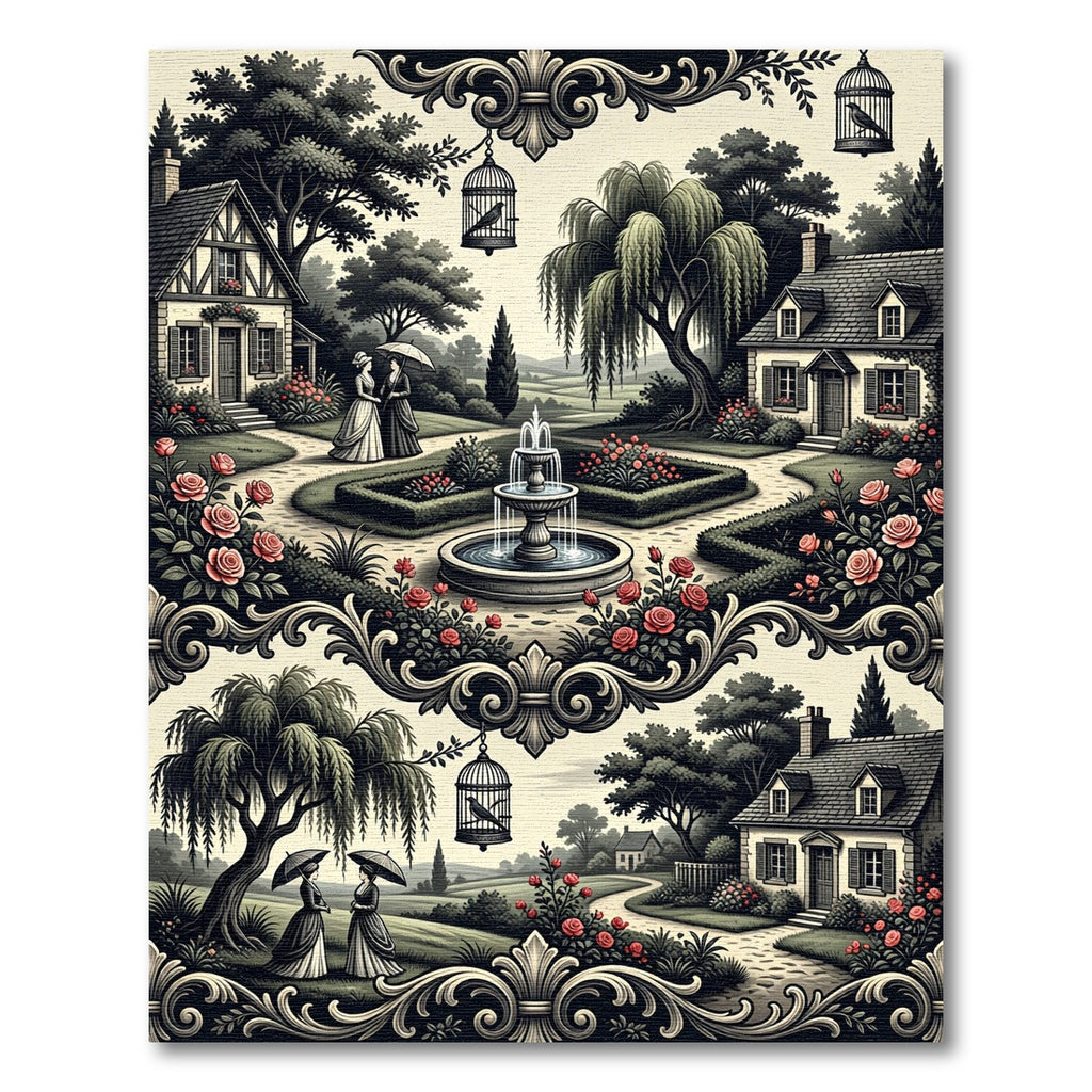 Victorian Rose Garden Village Scene Rug