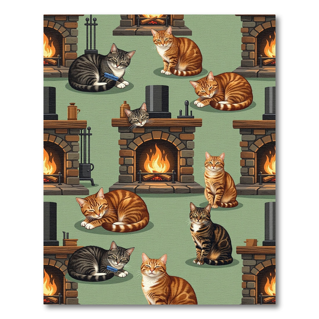 Cozy Fireplace Tabby Cat Repeat Rug
