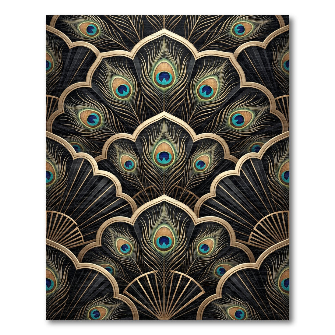 Art Deco Black Gold Peacock Feathers Rug